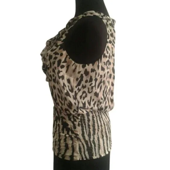 WHBM XS Blouse Leopard Print Sleeveless Ruffled Neckline Smocked Tiered Waist - Picture 2 of 8